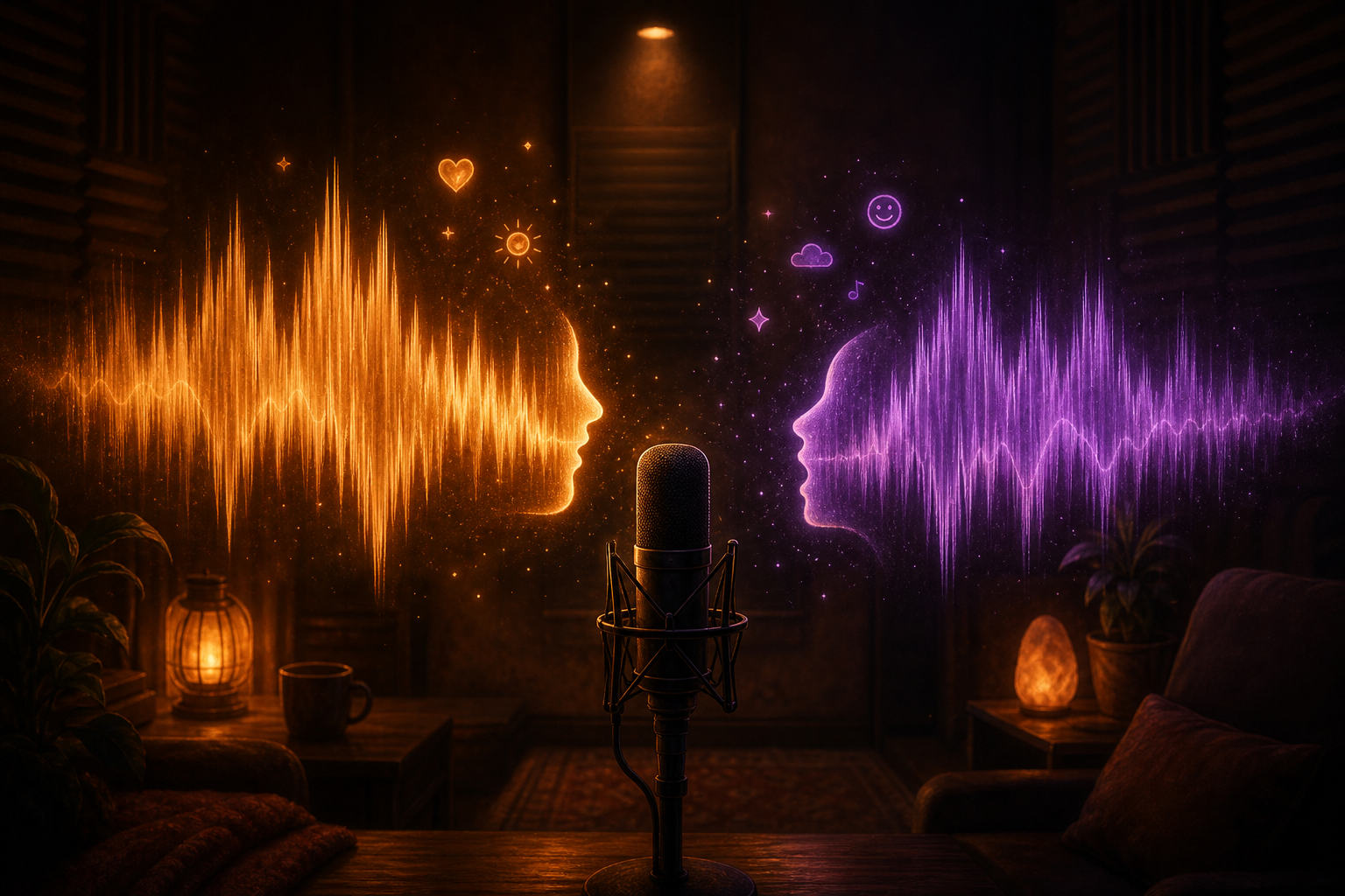 Two voice waveforms conversing across a microphone