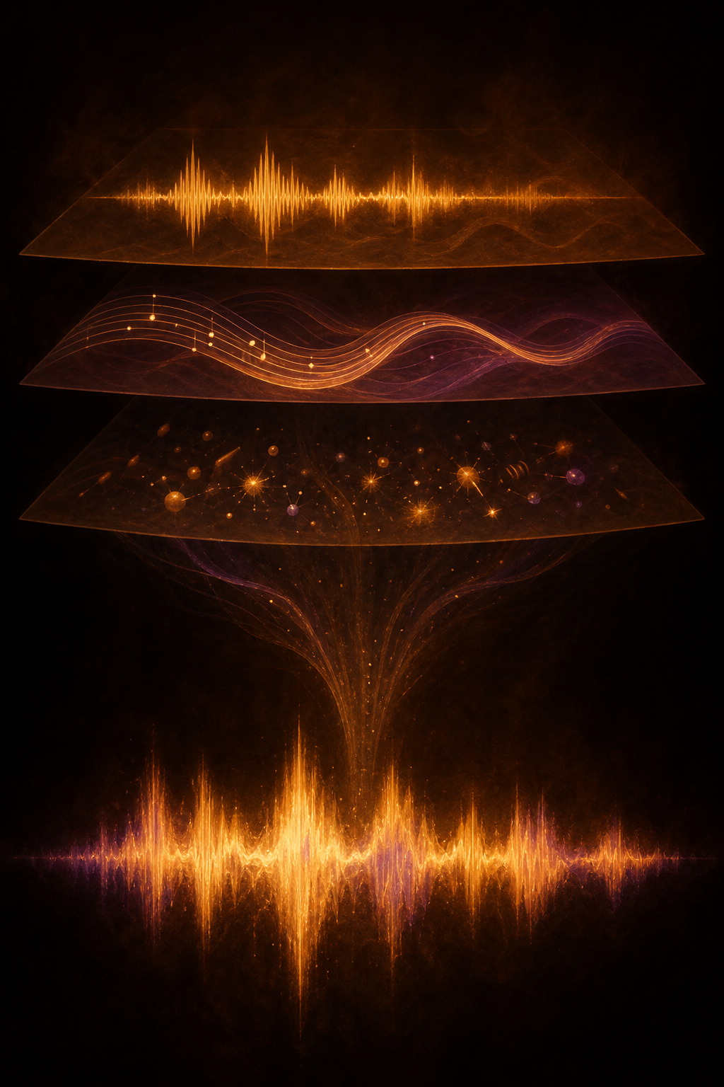 Three floating layers — voice, music, effects — merging into one wave